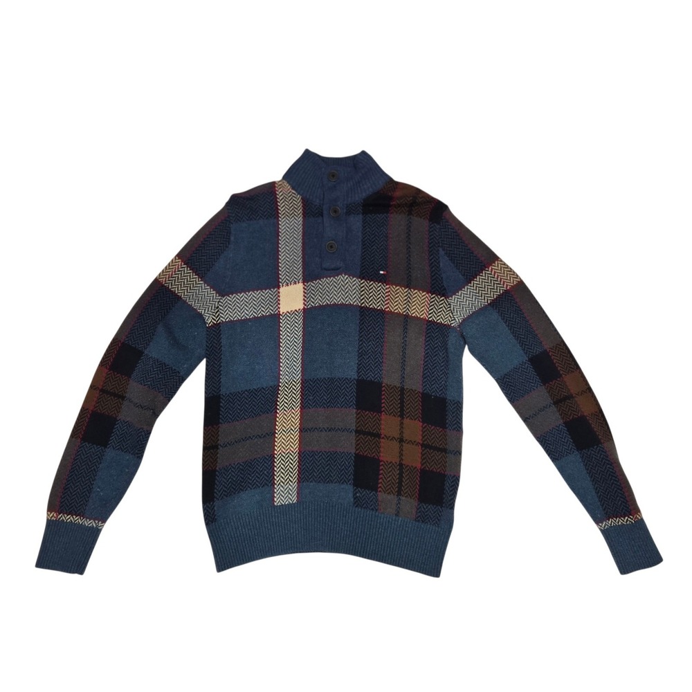 Tommy Hilfiger‎ Patchwork Plaid Knit Pullover Mock Neck Sweater Small